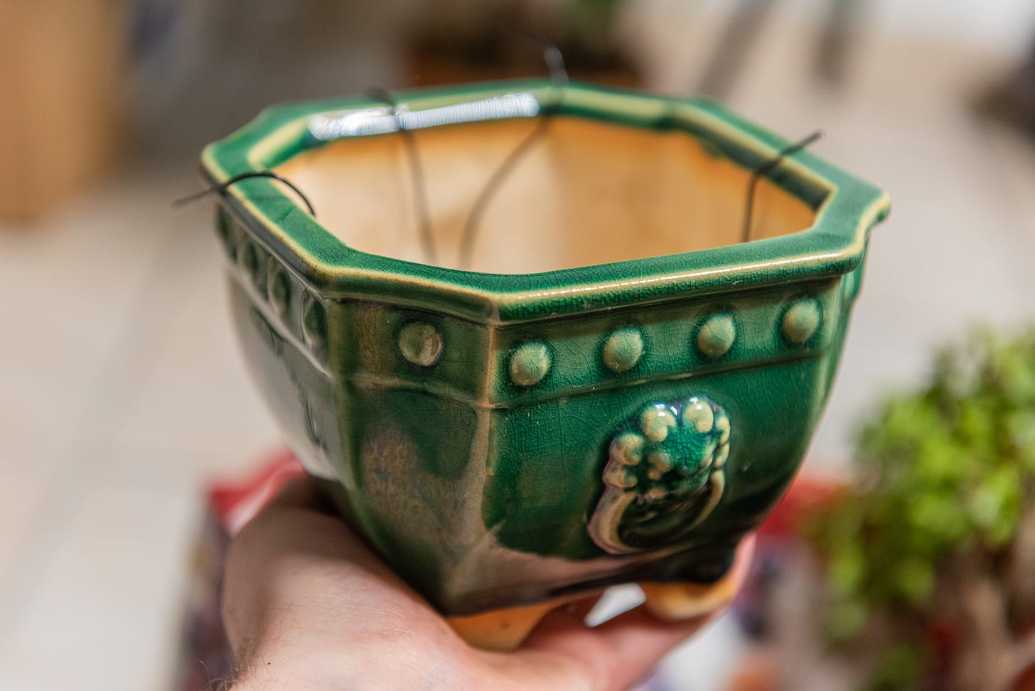 ID: Green glazed square bonsai pot with wires coming out from within