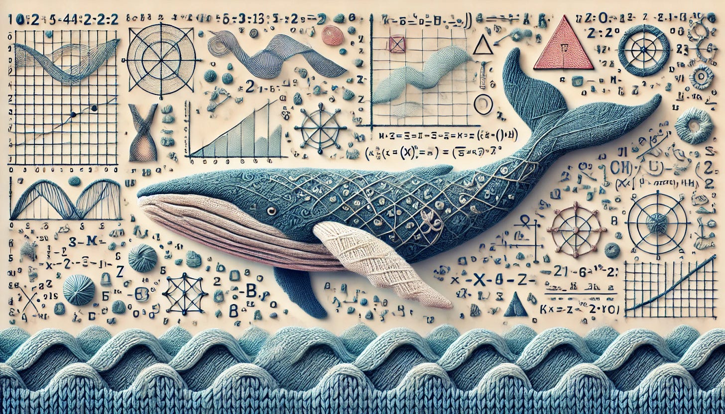 A wide illustration featuring a whale crafted in a woolen style, made entirely from yarn or wool with detailed knitting patterns. Surrounding the whale are mathematical elements, including floating equations, geometric shapes, and numerical symbols, all integrated into the woolen texture. The background features a knitted fabric texture with mathematical formulas subtly woven into it, enhancing the handmade yet intellectual aesthetic. The image is set in a 2:1 aspect ratio, giving a panoramic view of the woolen whale swimming through a mathematical, knitted sea.