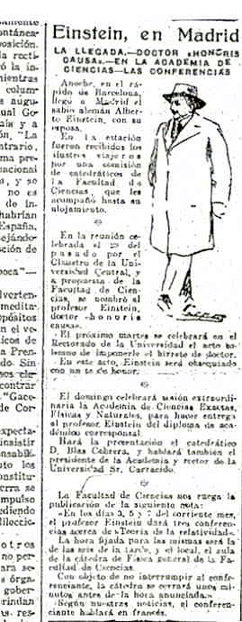 Spanish language newspaper from 1923 covering Einstein's arrival in Madrid.