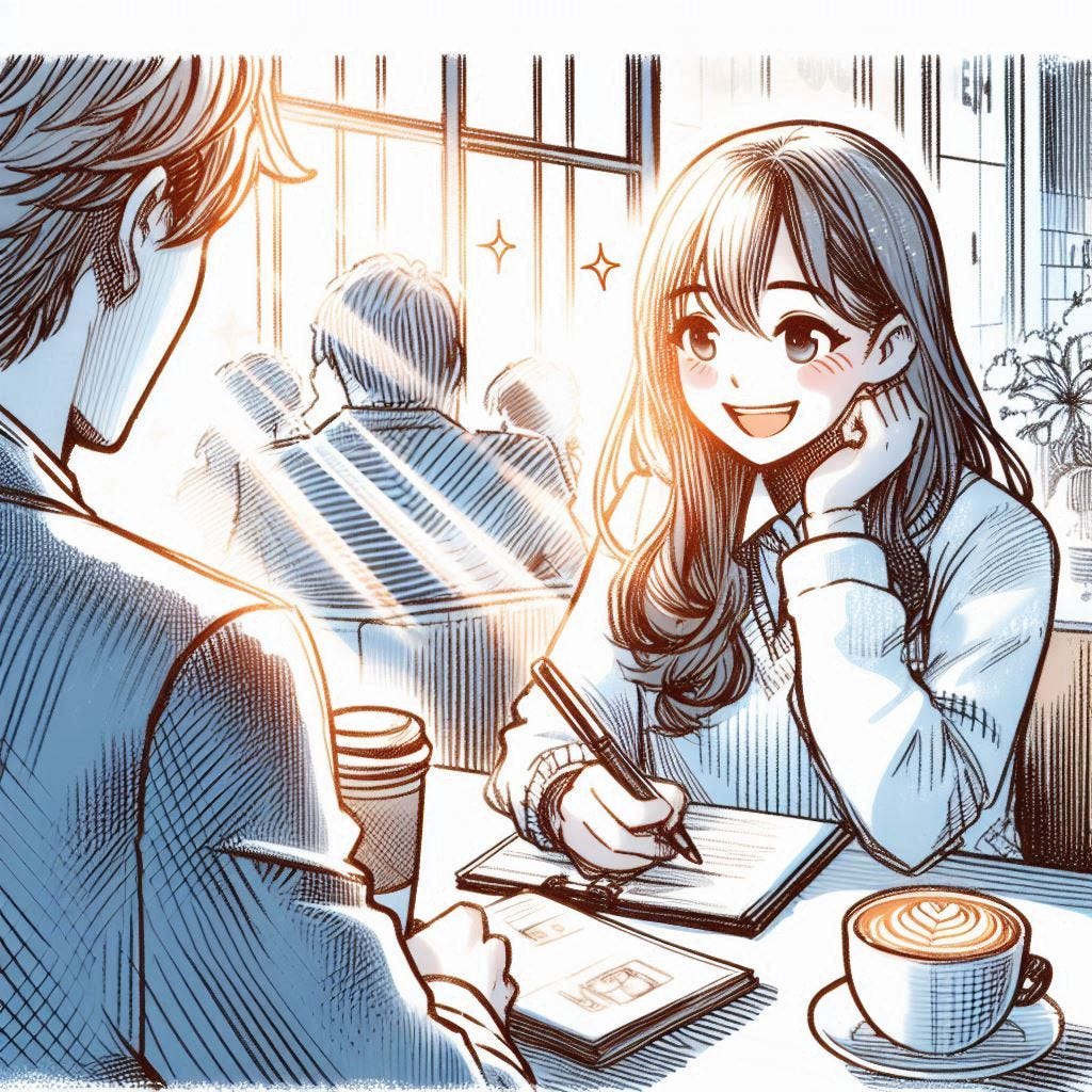 A manga-style sketch of a coffee shop scene. In it, a girl takes notes during an interview while chatting with a businessman. Both have smiley and happy faces. The color palette blends white with hints of blue and orange. Sunlight streams through the window, and coffee cups sit on the table. The girl is young , cheerful, and wear casual smart outfit. Around them is cofee shop blurry background.