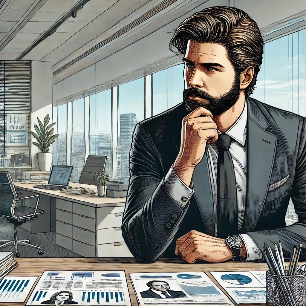 A detailed illustration of a corporate executive in his late 30s with a beard, slightly plump but not fat, deep in thought in a modern office. The executive is sitting at a sleek desk, looking contemplative with documents and charts spread out in front of him, representing company performance and financial data. Behind him, large windows offer a view of a city skyline. The office setting includes typical elements like bookshelves, a computer, and office furniture. The atmosphere should convey the weight of the decision he is considering: taking his company private.