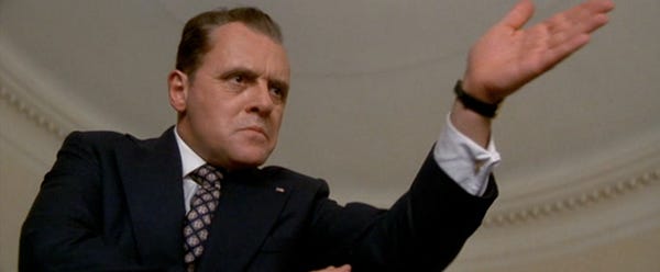 Screenshot of Anthony Hopkins playing Richard Nixon in the film Nixon