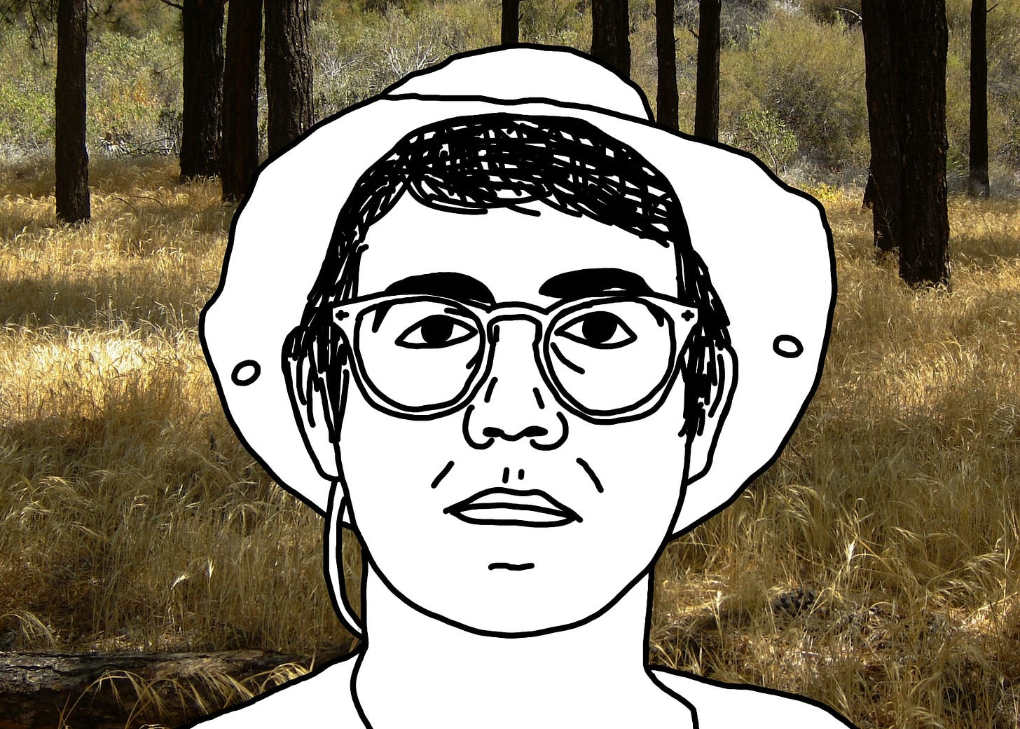 A black-on-white line drawing of Alex Porter, the protagonist of "I Hear You Watching." He’s a white guy in his late twenties, short messy parted hair, glasses, and a floppy-brimmed hat. He stares straight at you, unsmiling. Behind him is a patch of tall, dry, golden grass with patches of sunlight filtering through skinny-trunked trees.