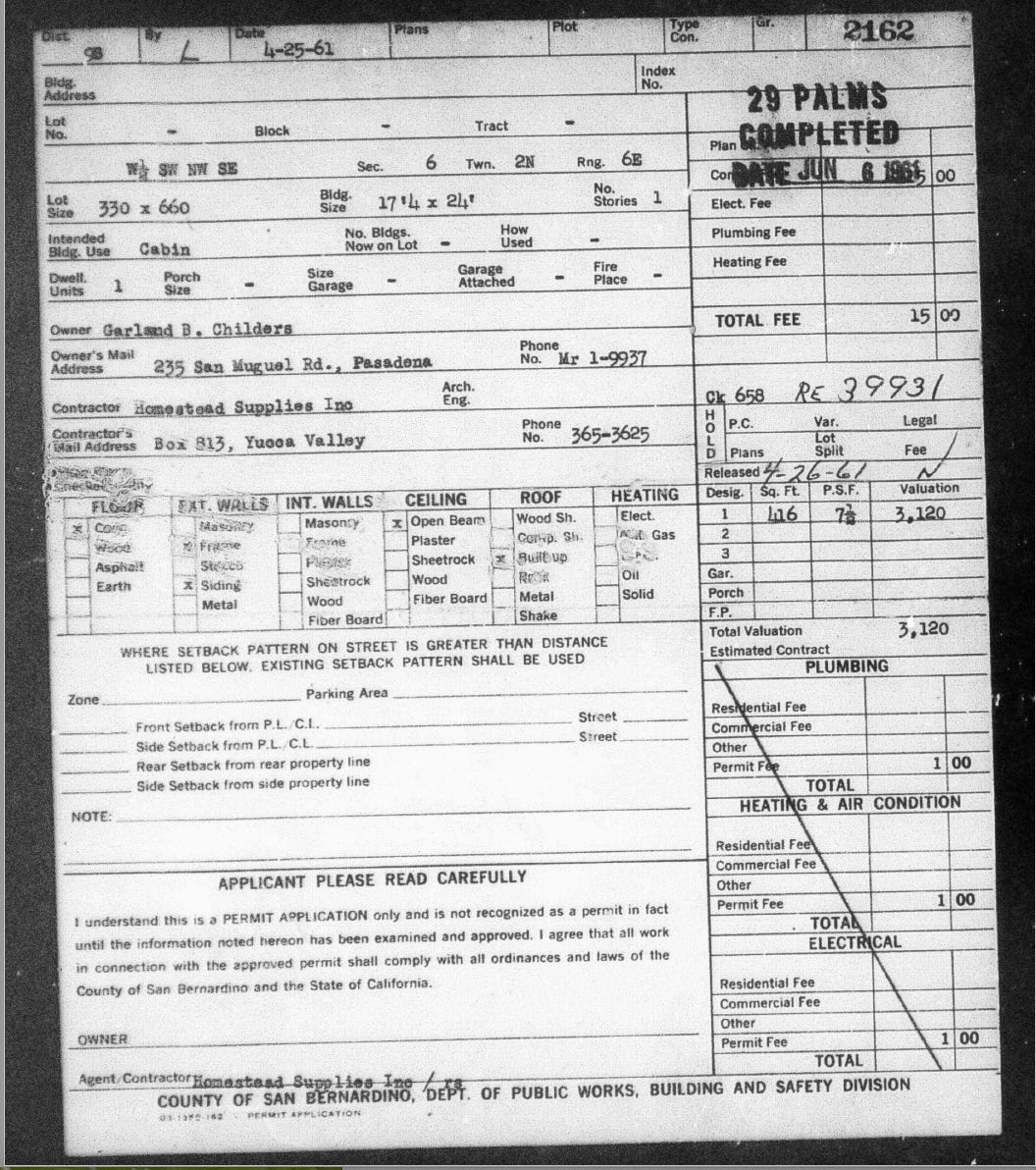 Scanned copy of the original permit for the five-acre plot in Landers, California, deeded to Garland B. Childers in 1961 by the Bureau of Land Management.