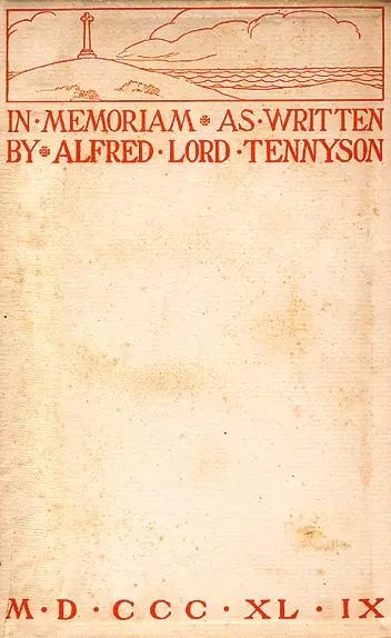 Tennyson, In Memoriam, cover with woodcut design of memorial cross on a hill overlooking the sea