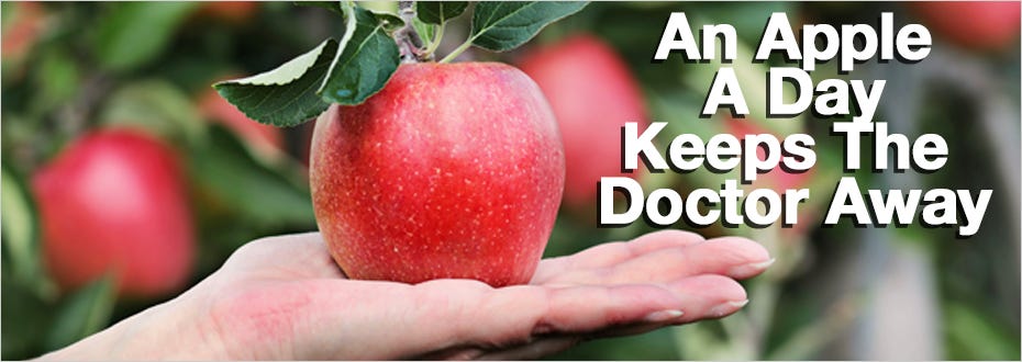 A photograph of a hand holding an apple and the words ‘an apple a day keeps the doctor away.’