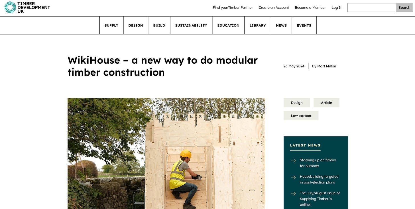 A screenshot of a webpage showing an article titled WikiHouse a new way to do modular timber construction