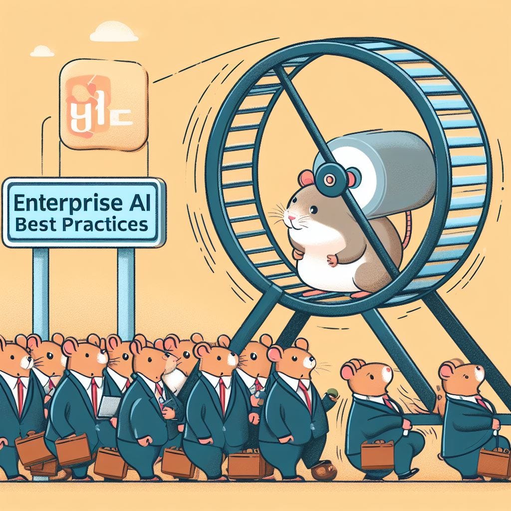 llustrate a hamster running on a wheel labeled 'Enterprise AI Best Practices' with other hamsters in suits waiting in line to get on.