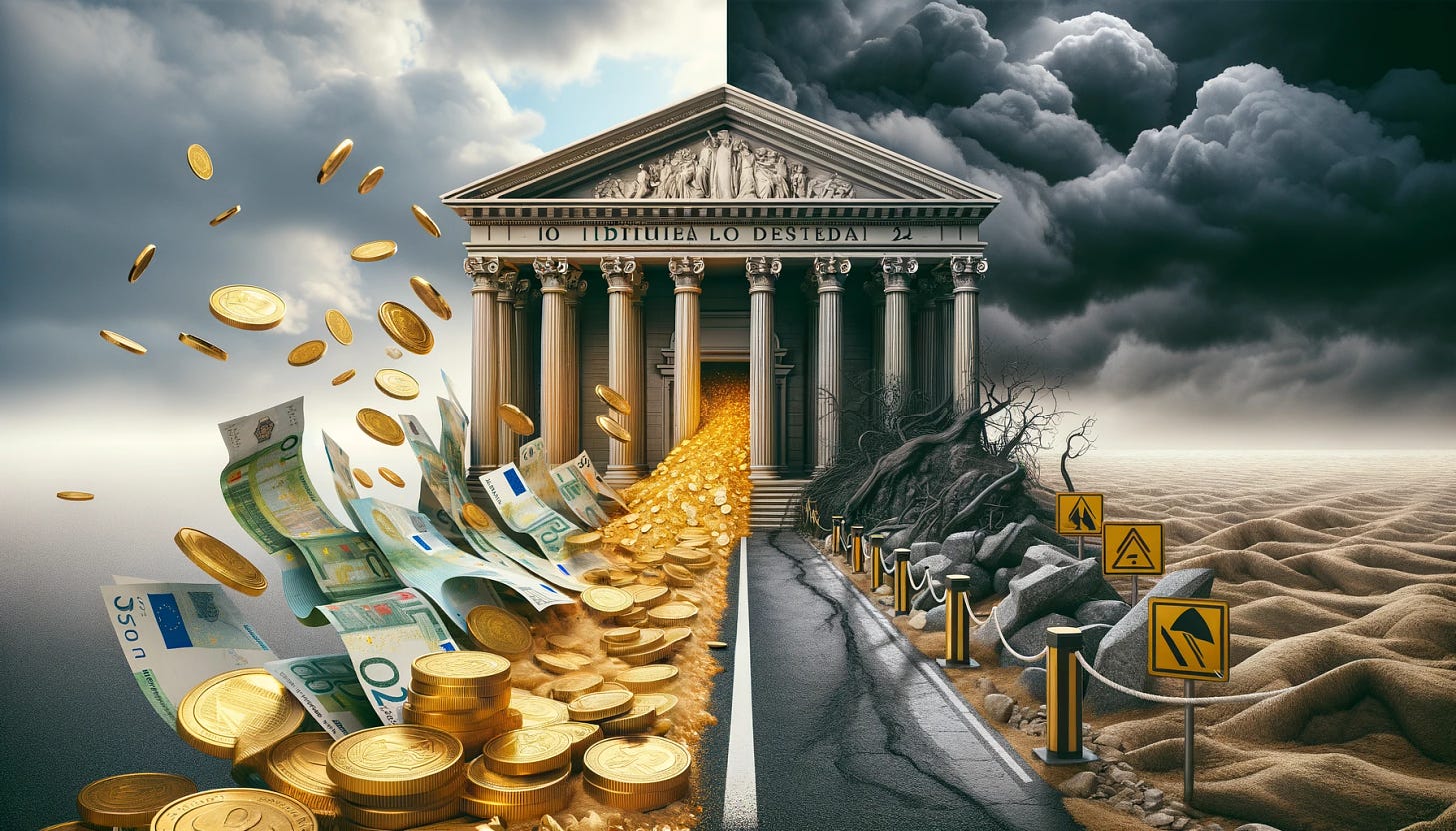 A conceptual image showcasing the strength and resilience of Italian banks in 2023, juxtaposed with a less certain and more challenging environment in 2024. The left side of the image features a solid, classical Italian bank facade, symbolizing stability and strong results, with golden coins and banknotes flowing out of its doors, indicating financial success. The right side transitions to a more turbulent scene, with dark clouds looming over a similar bank facade, and the path ahead filled with obstacles like uneven terrain and caution signs, representing the uncertain and potentially difficult times ahead for the banking sector. The contrast between the two sides is marked by a clear line or gradual blending, emphasizing the shift from a prosperous 2023 to a challenging 2024.
