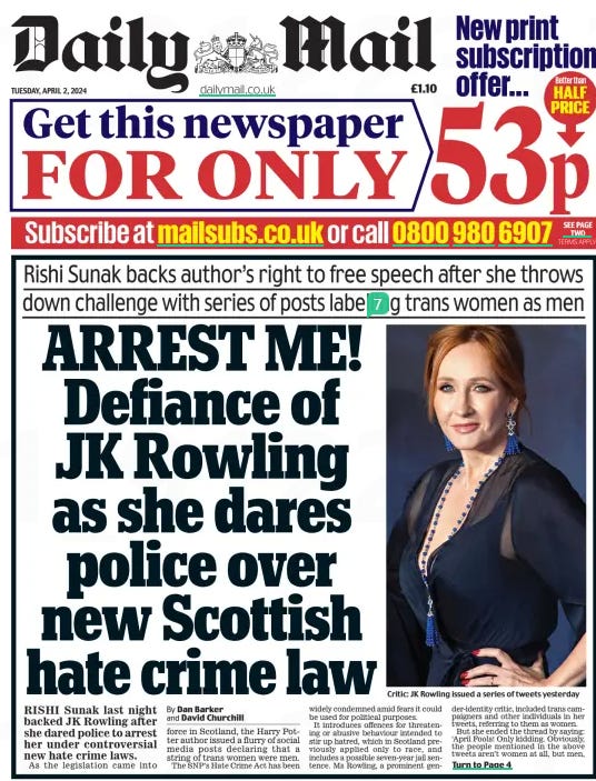 ARREST ME! Defiance of JK Rowling as she dares police over new Scottish hate crime law Rishi Sunak backs author’s right to free speech after she throws down challenge with series of posts labelling trans women as men Daily Mail2 Apr 2024By Dan Barker and David Churchill  Standing up for free speech: Protesters against the new law gathered outside the Scottish Parliament in Edinburgh yesterday on the day that it became law RISHI Sunak last night backed JK Rowling after she dared police to arrest her under controversial new hate crime laws.  as the legislation came into force in Scotland, the Harry Potter author issued a flurry of social media posts declaring that a string of trans women were men.  The SnP’s Hate Crime act has been  widely condemned amid fears it could be used for political purposes.  It introduces offences for threatening or abusive behaviour intended to stir up hatred, which in Scotland previously applied only to race, and includes a possible seven-year jail sentence. ms rowling, a prominent gender-identity  critic, included trans campaigners and other individuals in her tweets, referring to them as women.  But she ended the thread by saying: ‘april Fools! Only kidding. Obviously, the people mentioned in the above tweets aren’t women at all, but men,  every last one of them.’ The author, who lives in Edinburgh, added: ‘Freedom of speech and belief are at an end in Scotland if the accurate description of biological sex is deemed criminal.  ‘I’m currently out of the country, but if what I’ve written here qualifies as an offence under the terms of the new act, I look forward to being arrested when I return to the birthplace of the Scottish Enlightenment.’  She signed it off with the hashtag #arrestme.  As the 58-year-old’s comments whipped up a social media storm, the Prime Minister entered the row, saying: ‘People should not be criminalised for stating simple facts on biology.  ‘We believe in free speech in this country, and Conservatives will always protect it.’  A Government source said: ‘The SNP is taking Scotland down a very dangerous path, with potential for seriously chilling effects on free speech. We are clear that biological sex matters and gender- critical beliefs are protected in British law, and that won’t change while the Conservatives are in government.’  Despite the huge controversy Scotland’s First Minister Humza Yousaf said he was ‘very proud’ of the Act.  Ms Rowling’s comments came after Siobhian Brown, the SNP’s minister for community safety, said those who misgender others online, calling a trans woman ‘he’, for example, ‘could be investigated’ by police.  Ms Rowling, who warned of the effect on free speech, was reported to Northumbria Police last month for calling trans TV broadcaster India Willoughby a ‘man’. Police later said the complaint did not meet the criminal threshold.  In her social media post, the author listed ten high-profile trans people and denied their claims to be women. They included double rapist Isla Bryson, 31, who was initially jailed for eight years at a women’s prison before later being moved to a male prison following a widespread backlash.  Bryson, who was known as Adam Graham at the time of the offences, began transitioning only in 2020 after being charged.  Ms Rowling added: ‘In passing the Scottish Hate Crime Act, Scottish lawmakers seem to have placed higher value on the feelings of men performing their idea of femaleness, however misogynistically or opportunistically, than on the rights and freedoms of actual women and girls.  ‘The new legislation is wide open to abuse by activists who wish to silence those of us speaking out about the dangers of eliminating women’s and girls’ single- sex spaces, the nonsense made of  ‘We must be able to call a man a man’  crime data if violent and sexual assaults committed by men are recorded as female crimes, the grotesque unfairness of allowing males to compete in female sports, the injustice of women’s jobs, honours and opportunities being taken by trans-identified men, and the reality and immutability of biological sex.  ‘For several years now, Scottish women have been pressured by their government and members of the police force to deny the evidence of their eyes and ears, repudiate biological facts and embrace a neo-religious concept of gender that is unprovable and untestable.  ‘The re-definition of “woman” to include every man who declares himself one has already had serious consequences for women’s  and girls’ rights and safety in Scotland, with the strongest impact felt, as ever, by the most vulnerable, including female prisoners and rape survivors.  ‘It is impossible to accurately describe or tackle the reality of violence and sexual violence committed against women and girls, or address the current assault on women’s and girls’ rights, unless we are allowed to call a man a man.’  Police Scotland said, as of last night, they had not received any complaints about the post.  Ms Rowling has won support  from across the political spectrum. Russell Findlay, the Tory MSP who discovered he had a non- crime hate incident logged next to his name, said: ‘JK Rowling speaks for many women across Scotland who see Humza Yousaf’s hate crime law for what it is – another SNP attack on women’s rights.’  On social media, SNP MP Joanna Cherry said: ‘Pleased to see my good friend JK Rowling exercise her rights to freedom of speech and freedom of belief by tweeting in defence of women’s rights.’  But Ms Willoughby, one of those  on Ms Rowling’s list, said: ‘ The onslaught against me and trans people generally today caused by a particular person is unacceptable. As is all of her acolytes saying they are entitled not to respect, and to disobey the law on protected characteristics. It’s nasty, vindictive bullying.’  The new laws sparked a furious response by concerned Scots outside the Scottish Parliament yesterday, with many holding up gender-critical slogans.  Human rights campaigner Peter Tatchell told BBC Radio 4’s Today  Programme: ‘The big flaw in this Bill is it does not protect women against hate. There is no protection against misogyny and that is an astonishing exclusion.’  A Scottish government spokesman said women were already protected from abusive behaviour in law, adding: ‘The Hate  Crime Act will help to tackle the harm caused by hatred and prejudice and provide greater protections for victims and communities. The right to freedom of expression is built into the legislation and there is a high threshold for criminality.’  RISHI SUNAK’S greatest mistake will probably turn out to be his pledge, made on January 4, 2023, to ‘stop the small boats’.  They even put it up on the Government website. There were four other pledges. The fifth was: ‘Passing new laws to stop small boats.’  Not ‘ reduce’. Not ‘ do our utmost to lower the number’. Just ‘stop’.  It’s hard to recall a more reckless promise made by a leading politician. No one forced Rishi to make such an unqualified undertaking. It was a gratuitous error, which is coming back to haunt him.  Over the weekend, 791 migrants are known to have crossed the Channel in two days, bringing this year’s total so far to 5,435. That means that the number of arrivals has increased by more than 40 per cent compared to the same point in 2023.  Perilous  A fluke? I doubt it. The weather has been good, so more people than usual have come across. But the sea will be calm again, and we may be certain that large numbers of small boats will once more traverse the Channel to our shores.  It’s true that in 2023 the number making the perilous voyage was just over a third less than in 2022, when there was a record high. But the signs so far this year are that 2024 could be worse than 2023, and possibly worse than 2022.  What is clear is, firstly, that the French authorities are not succeeding in stemming the flow of migrants, despite being given £ 480 million over three years by the Government last March. This came after £232 million had been handed to Paris for the same purpose during the previous nine years.  It’s also clear that the Government’s Rwanda Bill, which should finally become law in the next few weeks, is not yet deterring illegal migrants from coming here. As the plan is to dispatch hundreds rather than thousands to Rwanda in the first year, one may reasonably wonder how many asylum seekers will be deterred after the Bill takes effect.  I dare say — though I’m not certain — that an aeroplane with migrants aboard may take off for Rwanda in the late spring, which would be a symbolic victory. But I’ll be very surprised if the number of small boats crossing the Channel is significantly less by October or November, when an election will probably take place.  So Mr Sunak will be much mocked by Labour and Sir Keir Starmer, before and during the election, for failing to fulfil his pledge. He has walked into a trap of his own making. We can hardly feel sorry for him.  But just because Rishi has made a hash of things, it doesn’t follow that Sir Keir will be any better.  Almost all that Labour does is carp at the Government’s failures, which is easy enough to do. But the party has failed to persuade us that it will reduce the number of small boats. Its plans are pretty risible.  Sir Keir has said that he would junk the Rwanda scheme. Fine — if he can come up with a better one. He could, for example, undertake to construct a camp in some British jurisdiction to which illegal migrants would be sent to be assessed. That is far too imaginative and daring an idea for Labour.  Its plan, if that’s not too grandiose a word, is to try to negotiate a returns agreement with Eu countries to send back failed asylum seekers. Given that most of them are, like us, under enormous pressure from excessive immigration, they would be unlikely to sign a deal that reduced the number of migrants coming here.  Sir Keir’s other idea is to step up cooperation with France. But the French government already appears to be trying harder than it did in order to justify the large amounts of money we are giving it. Patrolling 100 miles of coastline isn’t easy.  Moreover, the French can be forgiven if they don’t want to bust a gut to prevent illegal immigrants — whom they are secretly pleased to get rid of — from turning up in Kent.  Sir Keir and Shadow Home Secretary Yvette Cooper are merciless in ridiculing poor Rishi. But the truth is they haven’t a convincing policy of their own to foil the small boats. Anyone who makes a bet that there will be more, not fewer, of them under Labour is unlikely to be risking their money.  There’s a deeper reason why I don’t trust Labour to crack this problem. It is that the party has traditionally been extremely relaxed about immigration, legal and illegal. During Tony Blair’s time in office, net migration soared from 48,000 in 1997 to 273,000 in 2007.  Cohesion  Indeed, there’s evidence that Labour under Blair, and subsequently under Gordon Brown, actively encouraged migration. Andrew Neather, a former adviser to Blair and Home Secretary Jack Straw, has alleged that New Labour deliberately threw open Britain’s borders to mass immigration to help socially engineer a ‘truly multicultural’ country.  Many on the Left still think it racist to oppose uncontrolled immigration, despite the pressure it puts on housing, schools and the health service, as well as it undermining social cohesion. Sir Keir may well hold such views. He will be surrounded by many who do.  We should remember that legal immigration dwarfs the illegal variety that so obsesses Rishi Sunak and the Tories. According to official figures, in the year to June 2023 there were 52,530 ‘irregular migrants’, while in the same period there were 672,000 legal migrants. That is a ratio of about 1 to 13.  Of course, it’s not just Labour that historically favours mass migration. So does the Treasury for economic reasons. Yet last week Conservative MP Neil O’Brien produced a graph that demolishes the widely held assumption that high immigration powers economic growth.  Error  It tracks per capita GDP growth and rising net migration from 1965 to 2023, and demonstrates that there is no correlation between the two. In fact, since 2008 per capita GDP growth has been moribund or sometimes nonexistent, while net migration has been running at unprecedentedly high levels.  Mass immigration is undesirable for all sorts of reasons. I’ve no doubt that in Britain and the rest of Europe it will be the most contentious political issue of the next 20 or 30 years.  Mr Sunak’s failure to deal with either illegal or legal immigration has made him unpopular with many Tory voters, some of whom have defected to Reform uK. A new poll suggests that some 42 per cent of them would return to the fold if Rishi held a referendum on the issue. What would it ask?  It’s hard to see how a referendum would help. The Government already has widespread public support to control immigration. It just hasn’t done it. Rishi may have seen the error of his ways, but he’s running out of time to do anything about it.  All I can say is that voters who would trust Labour to bring down immigration are deluded. I doubt it would get a grip on the legal variety, and small boats would cross the Channel in greater numbers.  Rishi Sunak has failed to control immigration. Sir Keir Starmer could be far worse.  Article Name:ARREST ME! Defiance of JK Rowling as she dares police over new Scottish hate crime law Publication:Daily Mail Author:By Dan Barker and David Churchill Start Page:1 End Page:1