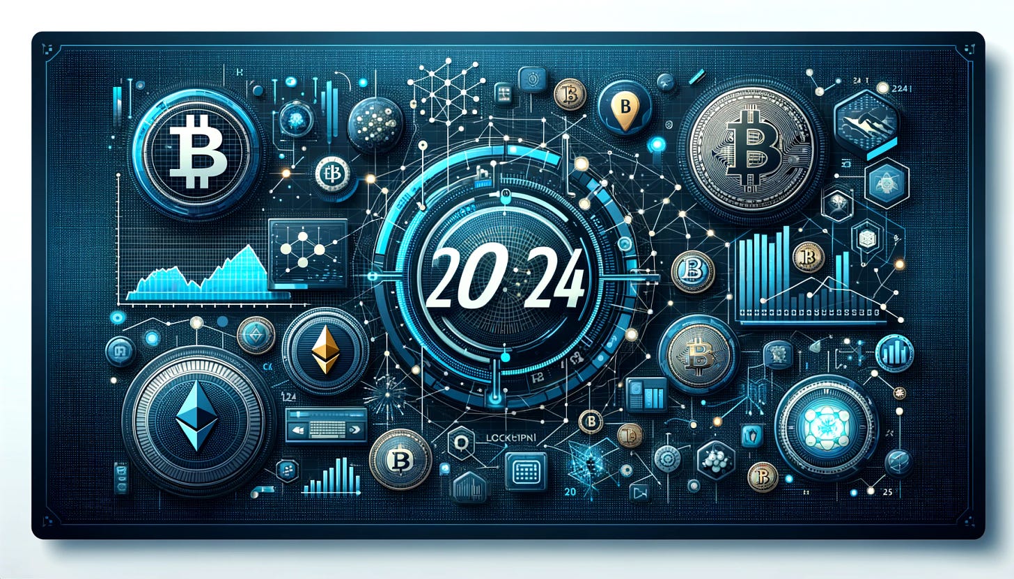 Create a banner suitable for the header of a cryptocurrency newsletter's 2024 roadmap. The design should embody a cutting-edge, professional look with elements of blockchain technology and digital finance. Include imagery of dynamic graphs, digital currency symbols like Bitcoin and Ethereum, and a network grid representing blockchain. Incorporate a futuristic digital display showing '2024' and icons representing various crypto-related topics. The color palette should be modern, with a mix of electric blue, metallic grey, and deep black, emphasizing a forward-thinking, tech-savvy vibe.