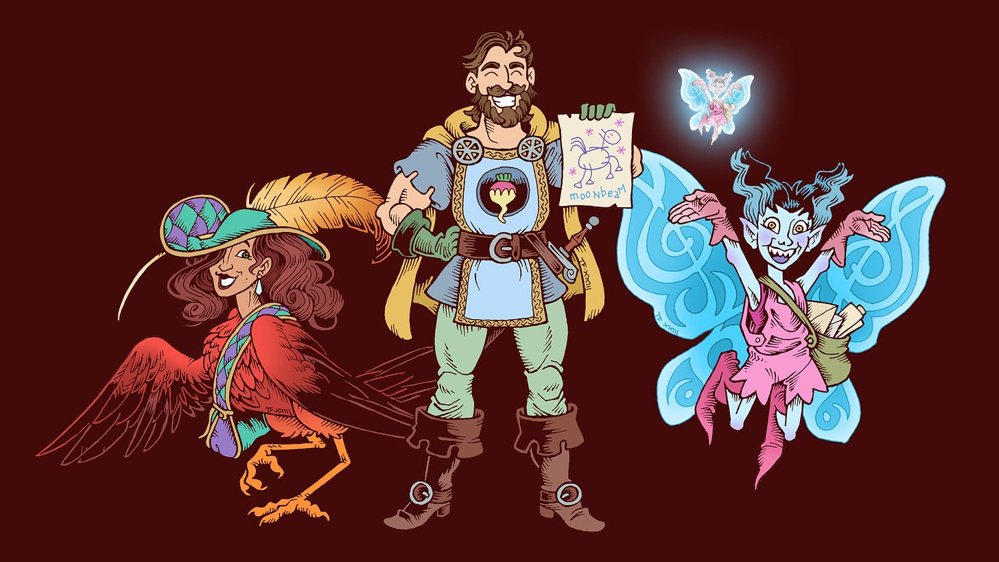 Composite image of three traditionally hand drawn and digitally coloured TTRPG characters. From left to right: a female harpy minstrel, a human knight and a fairy mage.