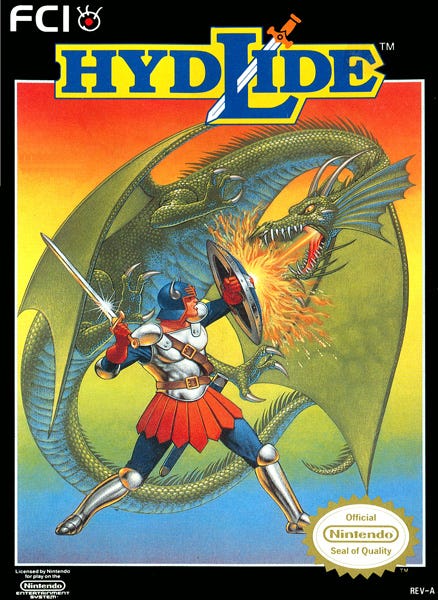 The NES box art for Hydlide, featuring a warrior in armor with a sword and shield blocking the fire attack of a green dragon flying behind and around him.