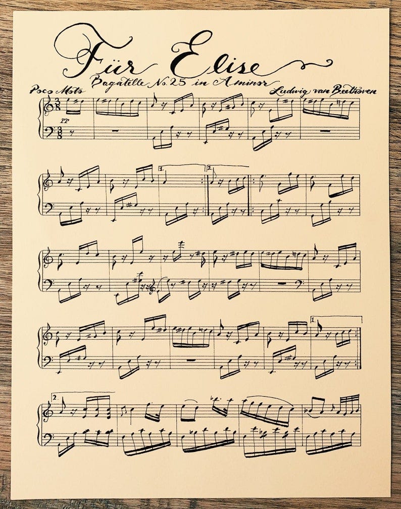 May include: A handwritten sheet music for the song 'Fur Elise' by Ludwig van Beethoven. The sheet music is written in black ink on a cream-colored paper. The title of the song is written in cursive script. The sheet music includes musical notes, clefs, and time signatures.