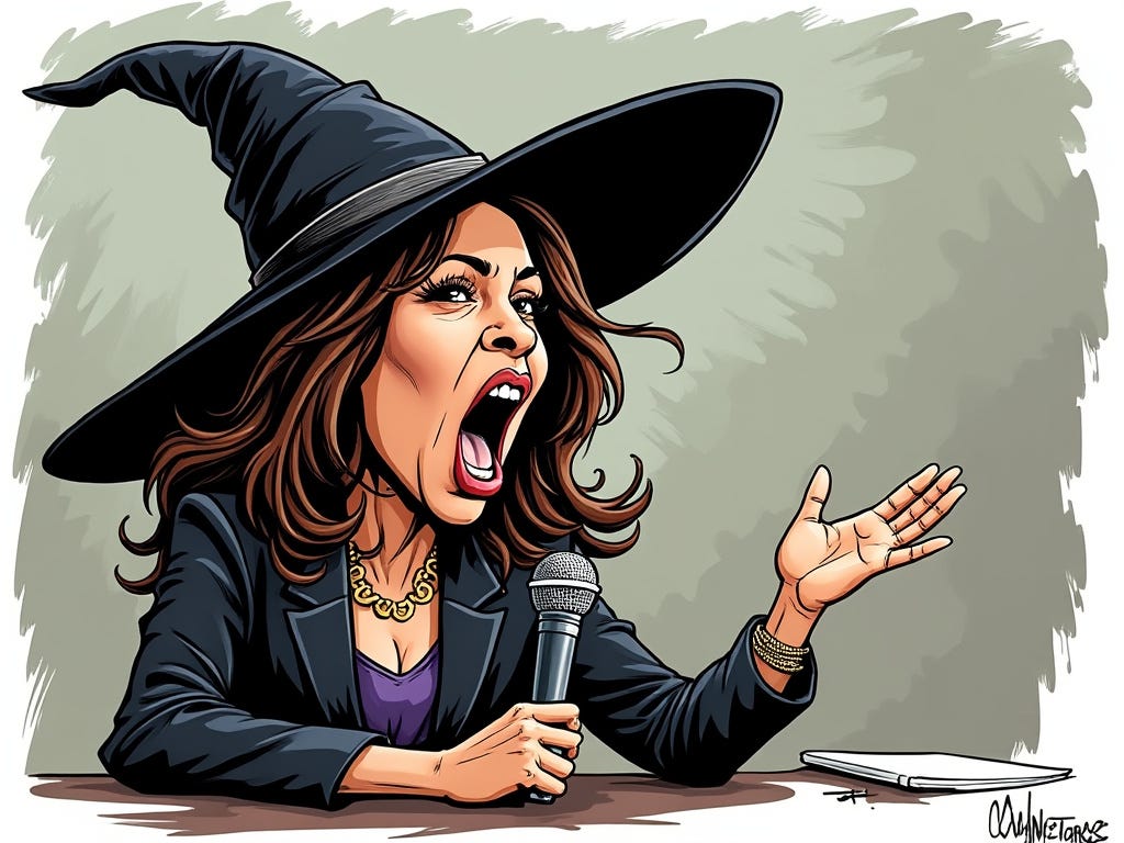 Kamala Harris: Social Striver and Psychopath. AI generated cartoon by Grok showing Kuntala Harris wearing a witch hat and cackling into a microphone.