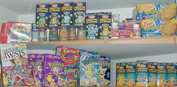 Kimberly's Pokémon collection also contains Pokémon-themed cereal boxes, jelly glasses, Kraft macaroni & cheese, and other food packages