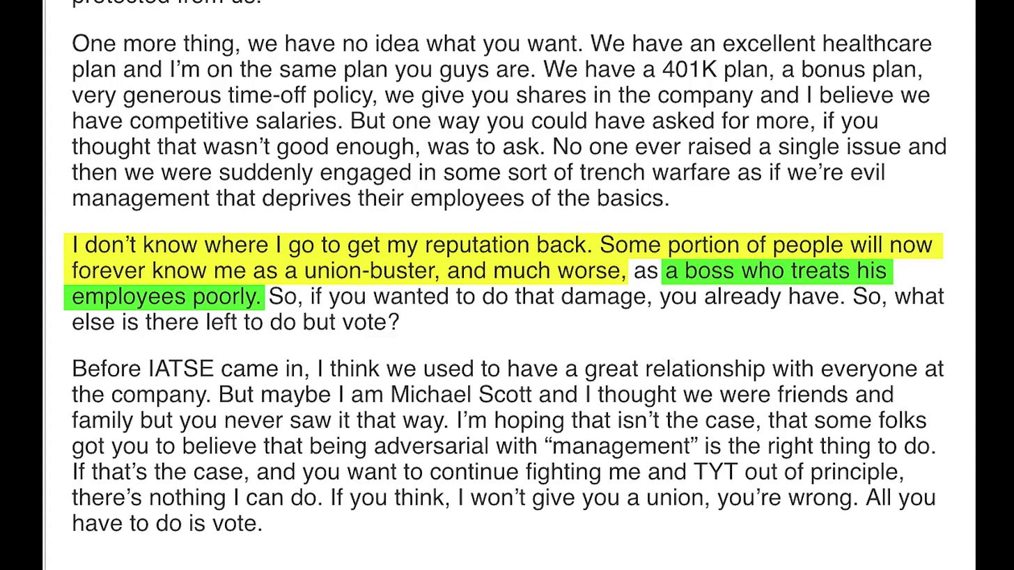 Three paragraphs from union-busting emails Cenk Uygur sent to unionizing workers in spring of 2020 with yellow highlighted text "I don't know where I go to get my reputation back. Some portion of people will now forever know as a union-buster, and much worse" then in green highlight "as a boss who treats his employees poorly."