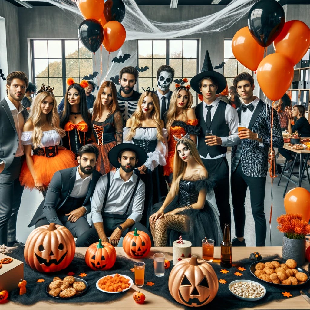 Photo of an office party with people of different genders and descents dressed in Halloween costumes. The office is adorned with orange and black balloons, faux spider webs, and carved pumpkins. A few individuals are posing for a group photo, while others are enjoying snacks and drinks. Among the costumes are a vampire, a fairy, a skeleton, and a pirate. The mood is cheerful and spirited.