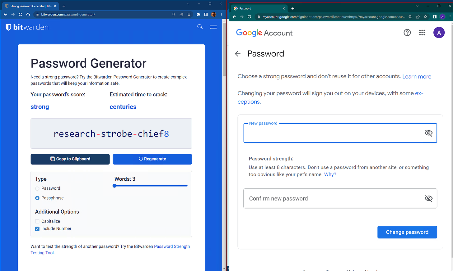 A screenshot showing two browser windows arranged side by side. On the left is the Bitwarden password generator. On the right is a window showing the New Password page for a Google account.