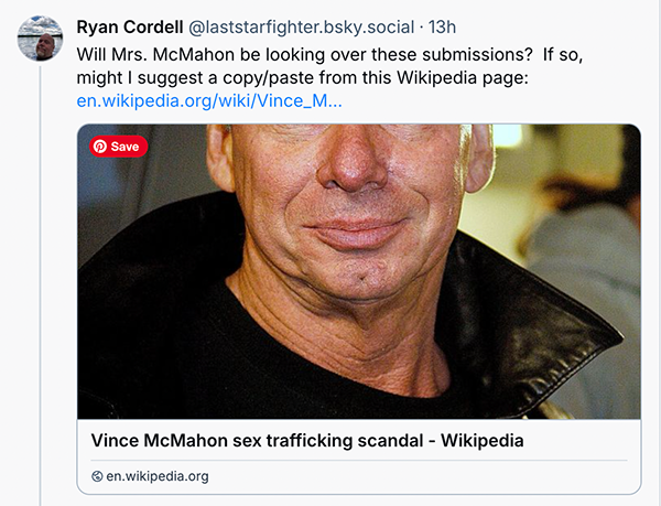 Screenshot of Vince McMahon sex trafficking scandal Wikipedia entry
