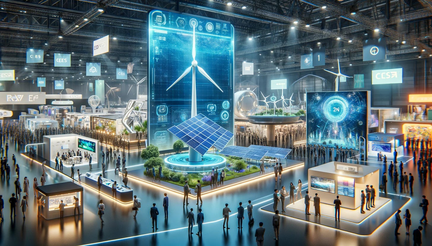 A futuristic exhibition at CES 2024 showcasing new sustainable technology. The scene includes a large, brightly lit hall filled with various booths and displays. In the foreground, a booth is presenting a cutting-edge solar panel technology, featuring sleek, high-tech solar panels. Another booth displays an advanced wind turbine model, smaller in scale but highly efficient. Visitors are engaging with the exhibits, some wearing smart glasses and using interactive holographic displays to learn more about the technologies. The atmosphere is vibrant, with digital banners displaying information about sustainability and renewable energy.