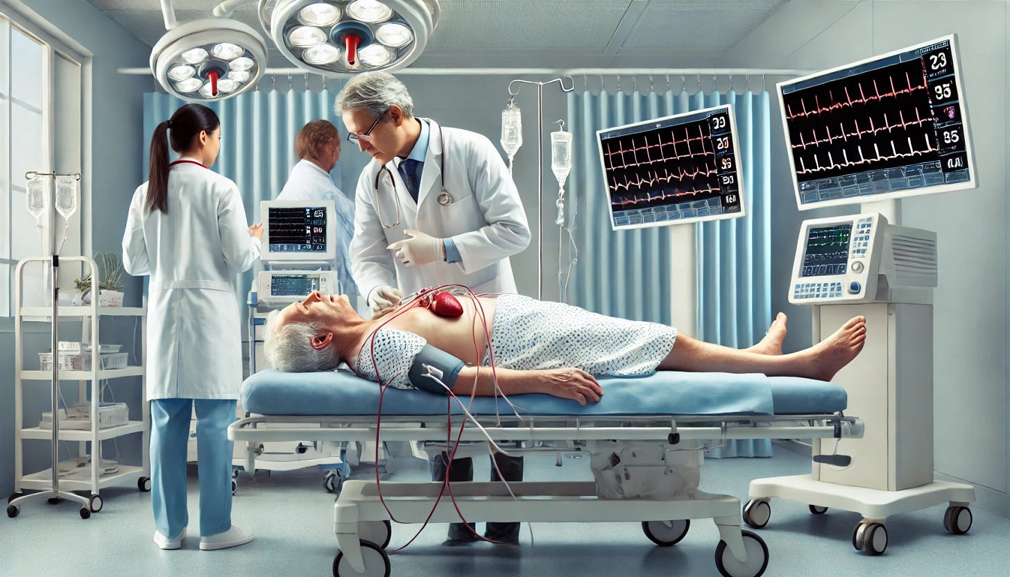 A rectangular image depicting an elderly patient experiencing a heart attack (myocardial infarction) being prepared for a catheterization procedure in a hospital setting. The scene shows medical staff, including a cardiologist in a white coat and a nurse, attending to the patient on a stretcher, who looks distressed but alert. The room features medical equipment such as a catheterization table, monitors displaying heart rate, and angiography machines in the background. The tone should convey urgency, care, and medical intervention, highlighting the critical nature of the situation.