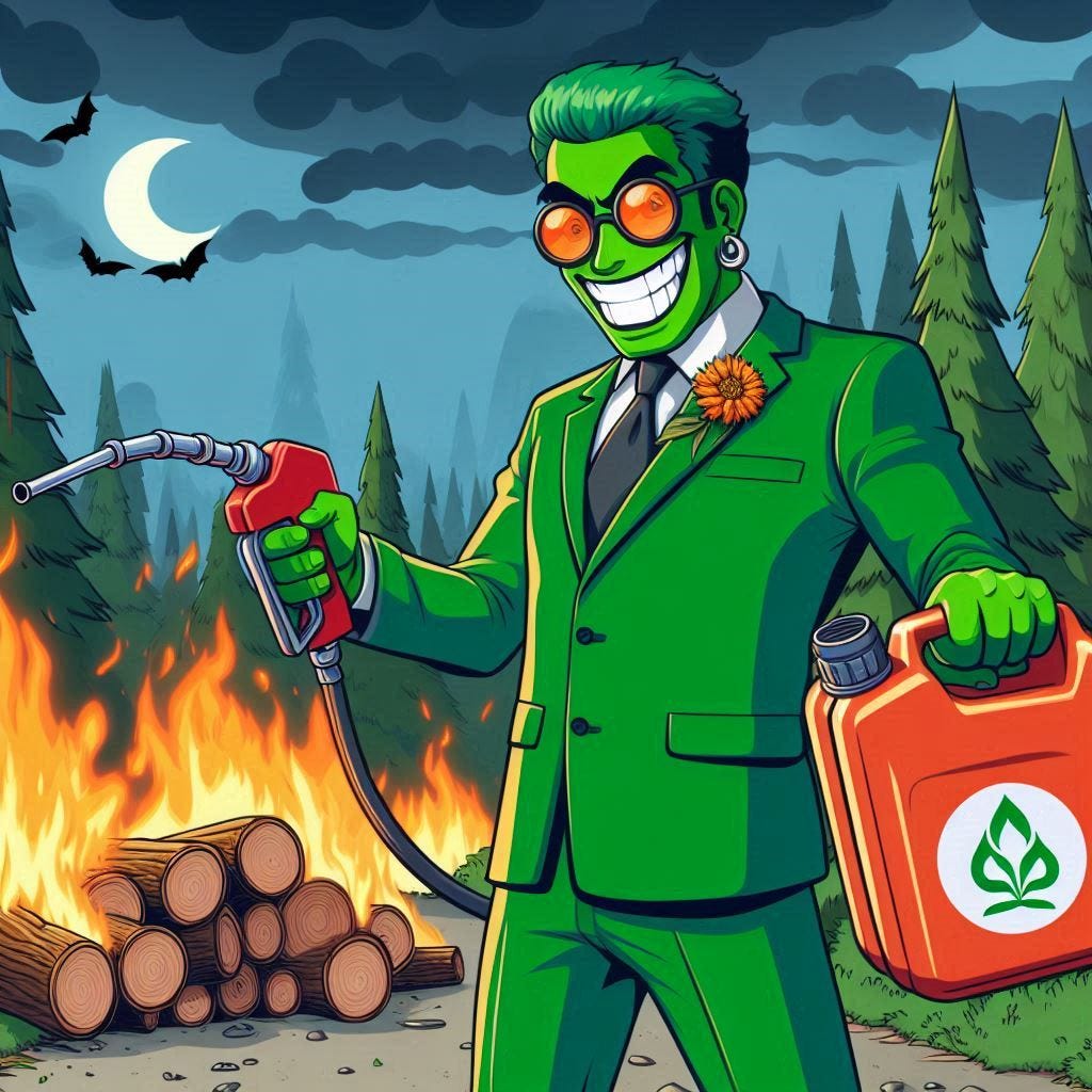 Evil green environmentalists use gasoline canisters to set a forest on fire while happily grinning. 