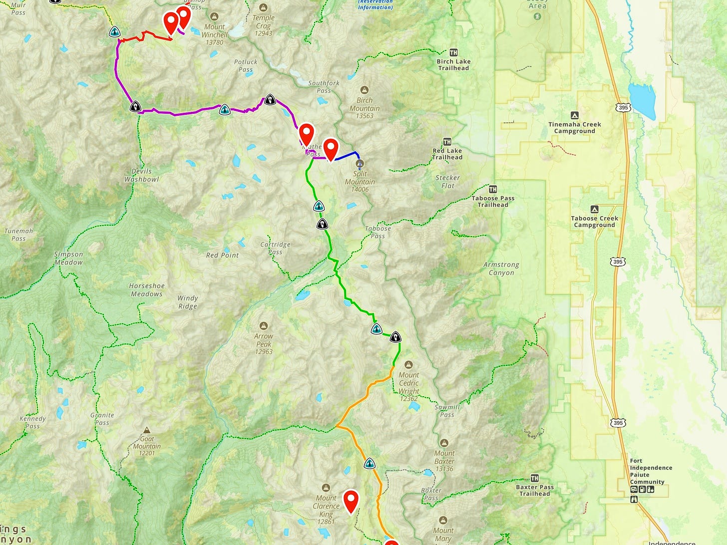 A topographical map showing many trail days linked together along the John Muir Trail