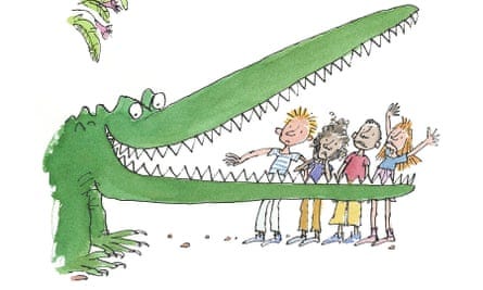 Quentin Blake drawing of a crocodile with a long opened mouth with sharp teeth and, on the other side, four young people looking scared