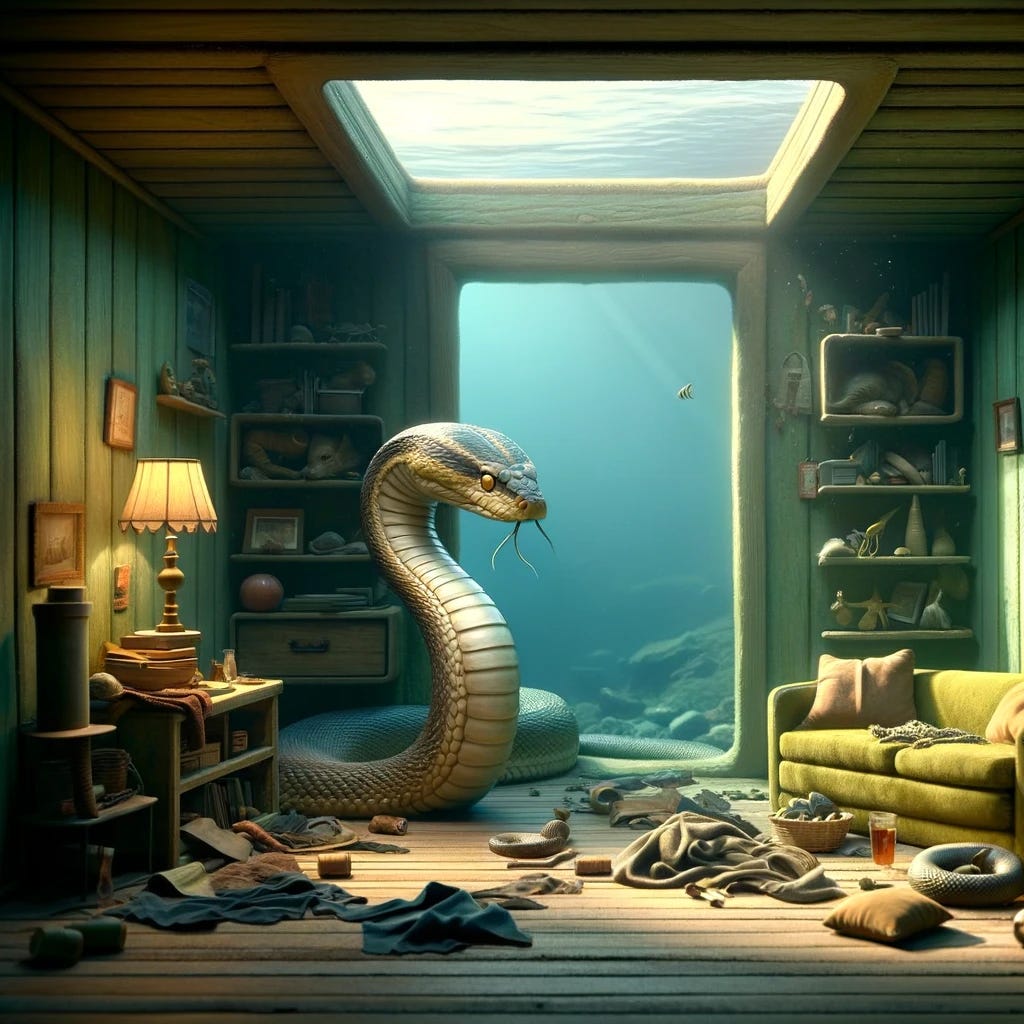 Inside the snake's underwater house, the snake returns to find his belongings out of place. The scene captures his confusion and concern as he notices the disarray. The house is simply but distinctly decorated, reflecting the snake's personal living space, with items like a small underwater sofa, a bookshelf filled with various items, and his belongings scattered and rearranged. The snake's expression is one of puzzlement and suspicion, pondering over the changes in his home. The lighting is soft, emphasizing the interior details and the snake's reaction.