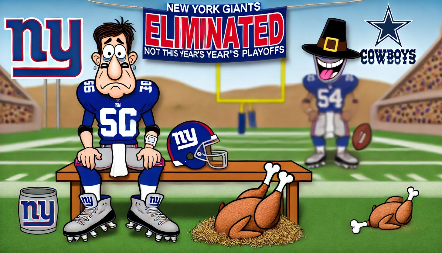 A humorous and exaggerated cartoon-style image depicting a New York Giants football player sadly sitting on a bench with a large 'ELIMINATED' banner hanging over their locker. In the background, a football field shows tumbleweeds rolling by, emphasizing their elimination from not just this year's playoffs but also next year's. A sarcastic-looking Dallas Cowboys mascot smirks nearby, holding a Thanksgiving turkey leg. The atmosphere is lighthearted and satirical, perfect for a comical sports article.