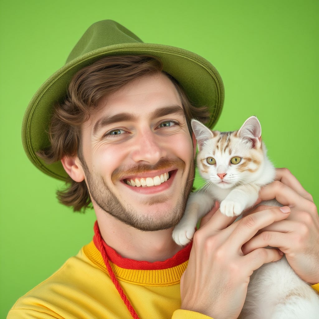 Happy 35-year old, brunette-haired, caucasian man with vivid color clothes wearing a green hat, holding a white cat, wearing contrasting vivid color accessories, isolated on vivid contrasting green background with space.