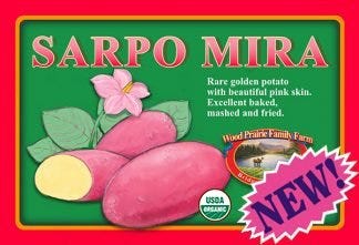 Package label for Sarpo Mira from Wood Prairie Farms with a drawing of the pink skinned tuber
