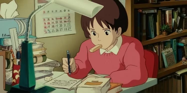 Kadr z filmu anime z dziewczynką siedzącą przy biurku nad stosem książek i piszącą coś, mając w buzi jakieś jedzenie lub gumkę do papieru