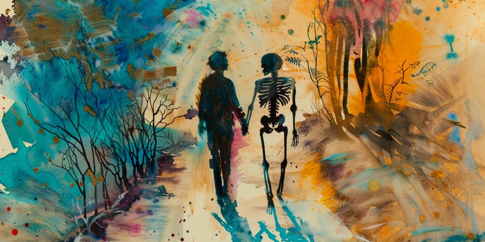 A watercolor painting of a living human and a skeleton walking down a dirt lane together holding hands.