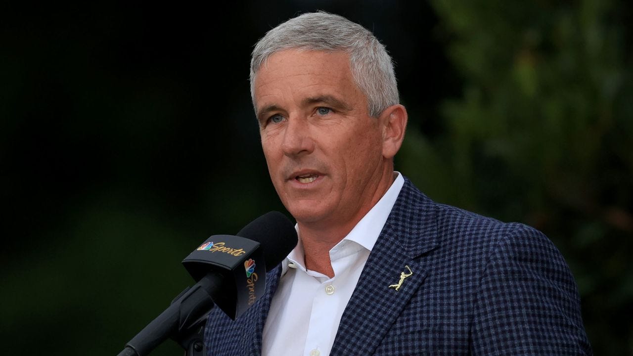 Jay Monahan speaks during The Players Championship trophy ceremony in March. 