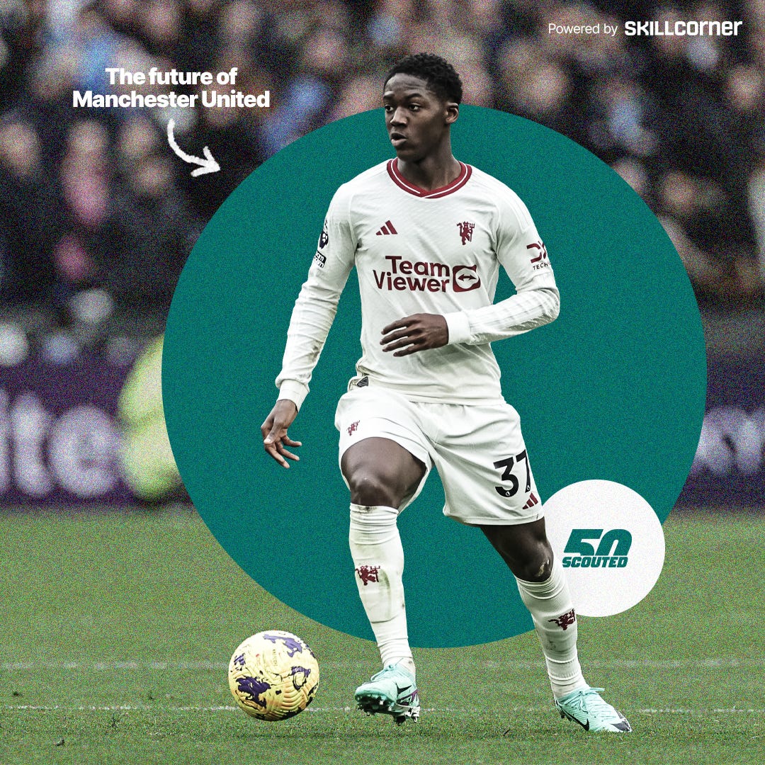 A graphic featuring a photo of Kobbie Mainoo in an all-white Manchester United shirt. Behind him is a green circle set against a crowd background.