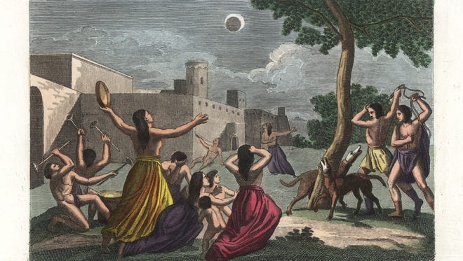 The despair of the sun-worshipping Peruvian Incas during a lunar eclipse. The people bang drums and tambourines, whip dogs and scream to prevent the eclipse. Hand colored copperplate engraving by Nasi from Giulio Ferrrario's Costumes Antique and Modern of All Peoples (Il Costume Antico e Moderno di Tutti i Popoli), Florence, 1842.