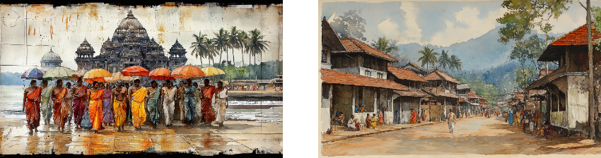 Two watercolor illustrations: the left depicts a group of women dressed in colorful sarees holding vibrant umbrellas, gathered in front of a historic temple with intricate architecture and palm trees in the background, capturing a serene, rainy day. The right shows a tranquil village street lined with traditional houses with red-tiled roofs, people going about their daily activities, and lush greenery and mountains in the background, evoking a peaceful rural setting.