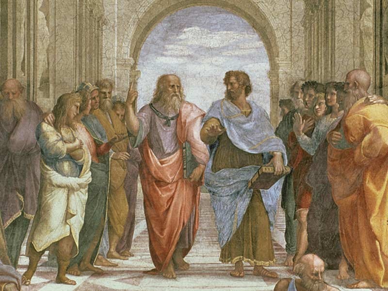 Plato and Aristotle discussing happiness, probably