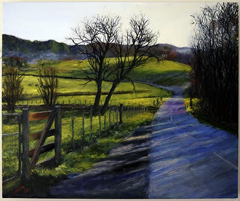 oil painting of a country road in the early morning