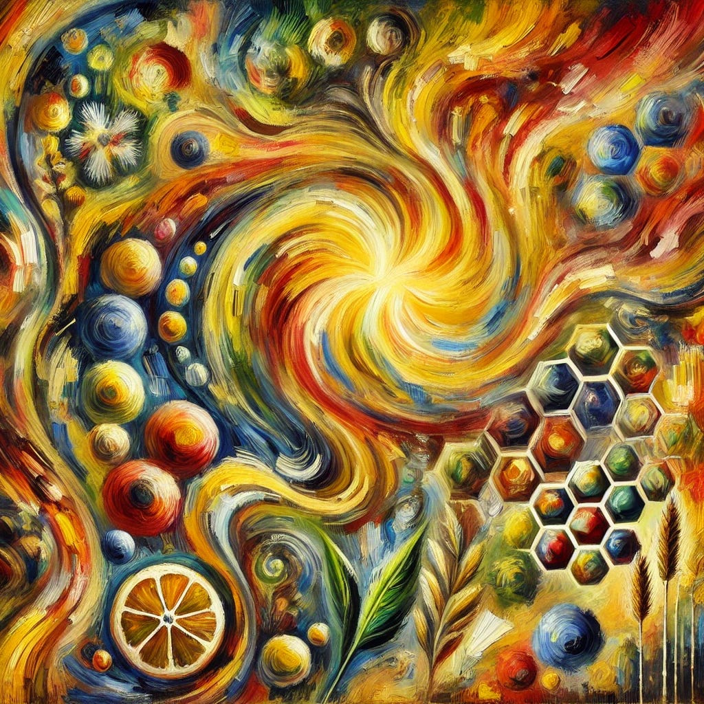 An abstract and impressionist oil painting with thick brush strokes, inspired by the biological concepts of cancer cell biology and alternative treatments. The painting features vibrant swirling patterns of bright yellows, deep reds, and contrasting shades of green and blue to symbolise cellular energy and healing mechanisms. Elements of natural compounds like plants and mushrooms are subtly blended into the patterns. The overall style is evocative, with bold and expressive strokes representing the integration of science and nature in a harmonious composition. No text included.