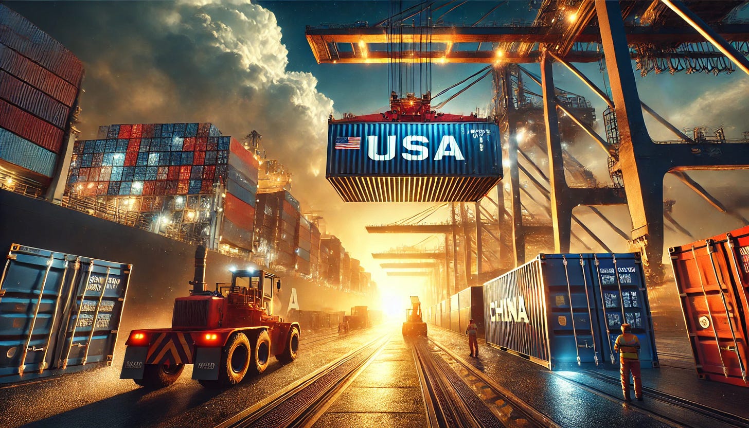 A hyper-realistic wide-angle image of a busy shipping port at sunset, capturing intense global trade tensions. A massive red container labeled 'USA' is being lifted by a crane, while a blue 'China' container is being lowered, symbolizing economic shifts. The metallic surfaces reflect the golden light of the setting sun, while dark storm clouds loom in the distance. Workers in safety gear are seen on the ground, adding realism, as sparks fly from machinery moving containers. The scene is immersive, detailed, and highly cinematic, making the viewer feel the weight of global trade conflicts.