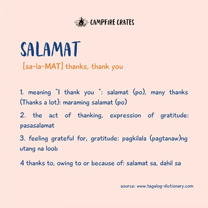 Word poster showing the different meanings of the Filipino word salamat