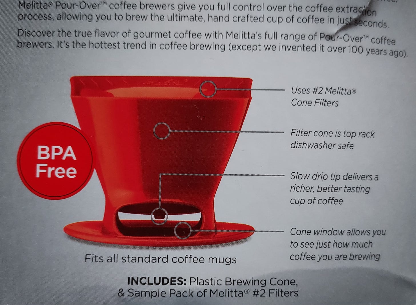 The side of a Melitta Plastic Brewing Cone package showing the cone shaped dripper in bright red with the tag BPA FREE.