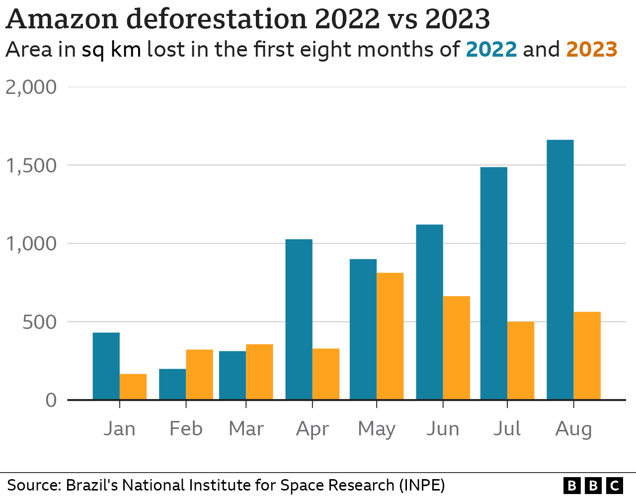 Graphic showing deforestation rates this year in the Brazilian Amazon