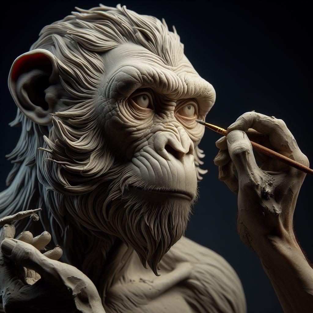 a realistic monkey sculping a Monkey Marco Aurelio statue