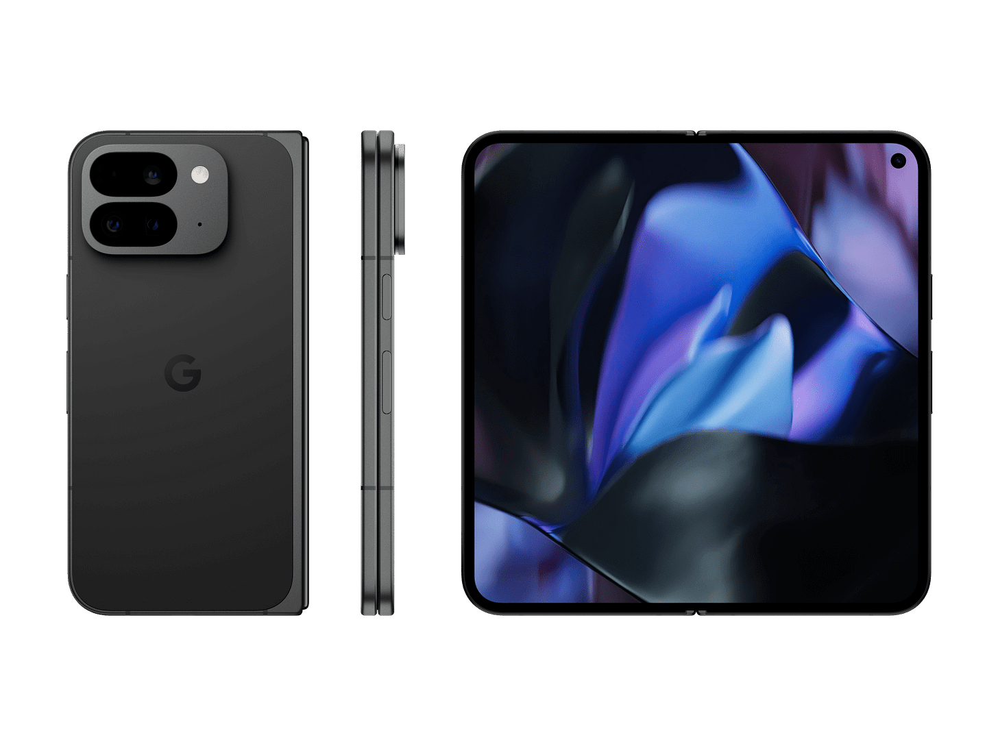 The back, side and open display of Pixel 9 Pro Fold in Obsidian color. The immense screen displays a variety of vibrant colors.