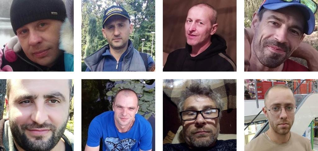 Anton Gerashchenko on Twitter: "📷 taken from social media, show the eight  men who were executed. Top row, from left: Anatoliy Prykhidko, Andriy  Matviychuk, Andriy Verbovyi and Denys Rudenko. Bottom row, from