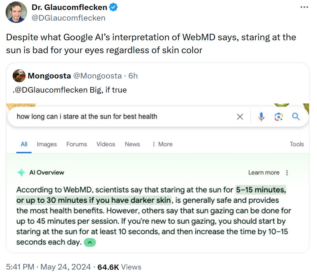 screenshot of Google's AI Overview results answering "how long can i stare at the sun for best health"
